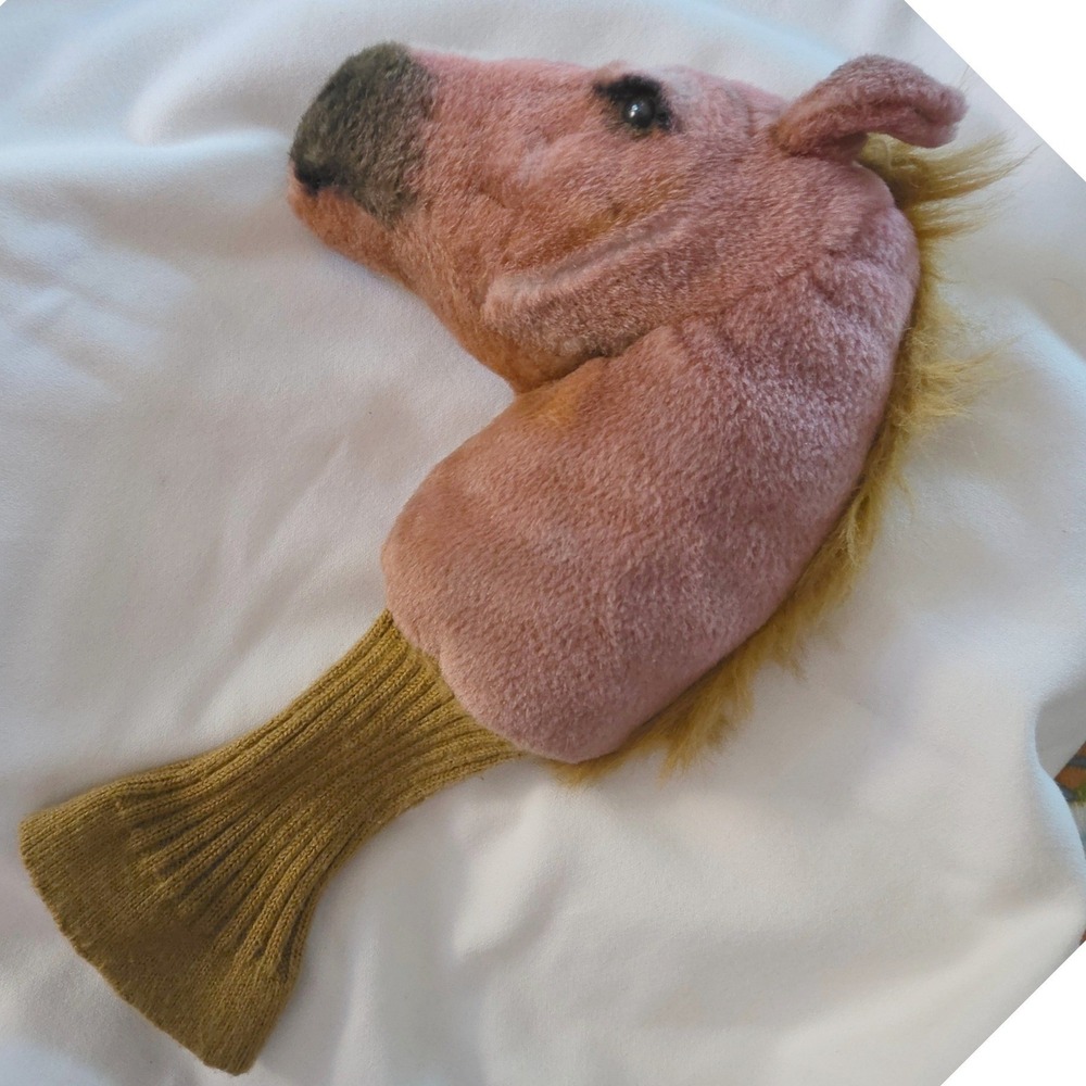 JP Lann Golf Horse Head Golf Driver Head Cover Pink Tan Plush Knit Sock Vintage